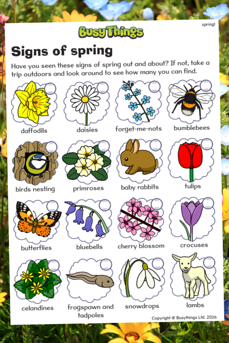 Signs of spring printable worksheet with flowers, insects and seasonal spotting activity for kids