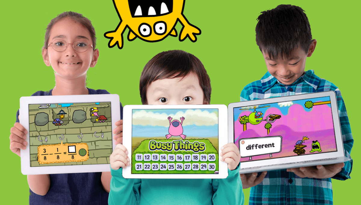Children using educational Busy Things games on tablets and computers  – fun and interactive learning at home