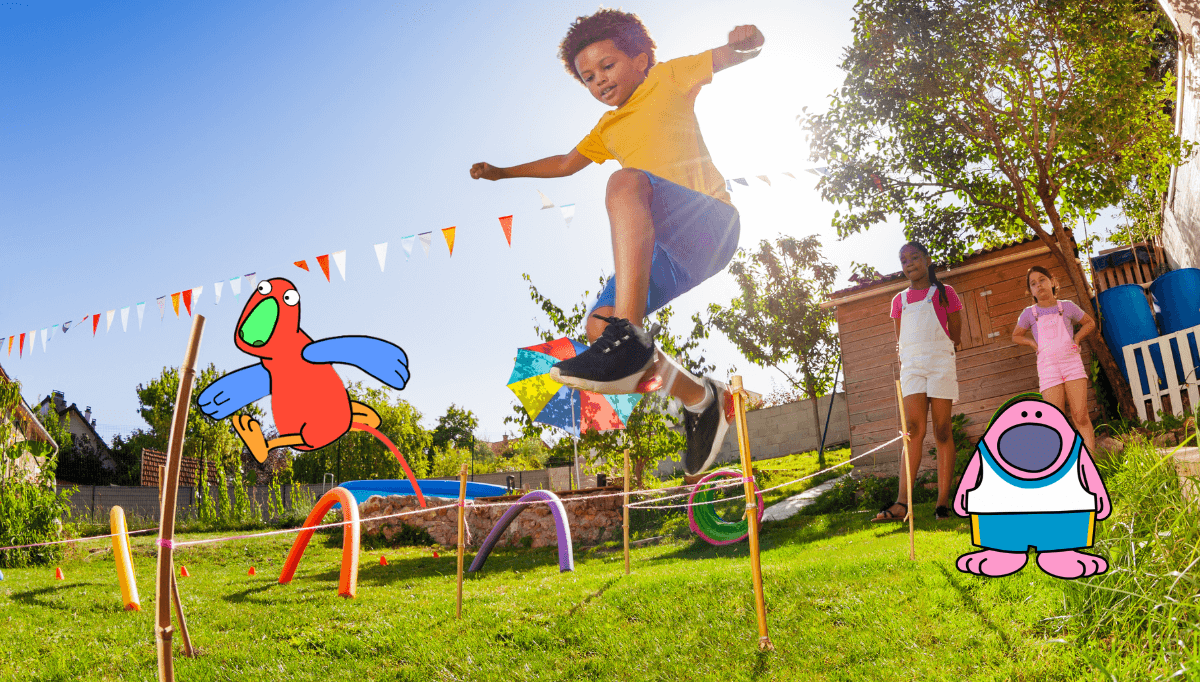 Homemade garden obstacle course with cones and ropes – active summer play idea for kids