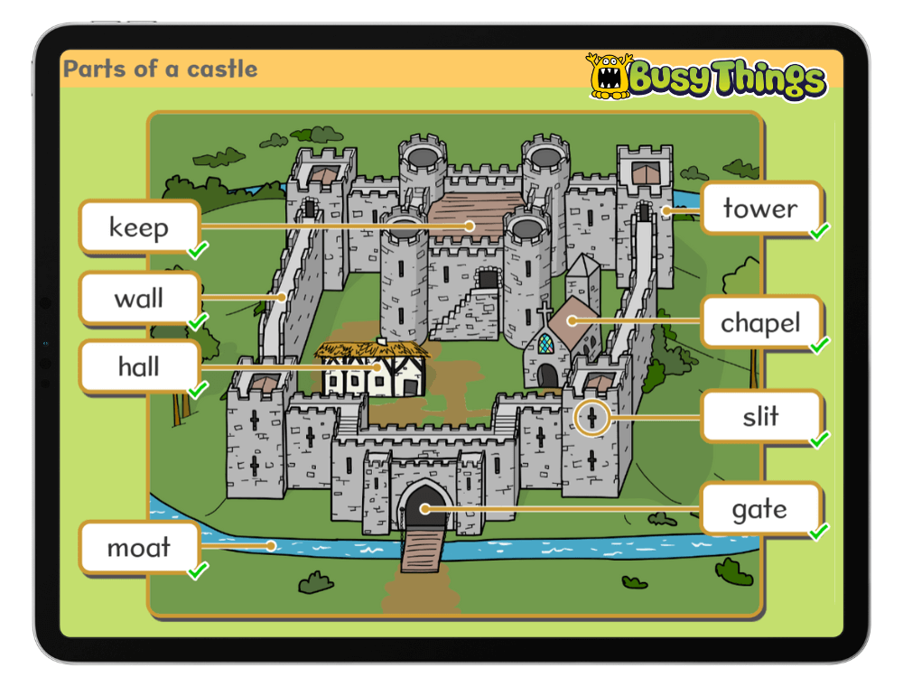 Educational game showing parts of a castle for children