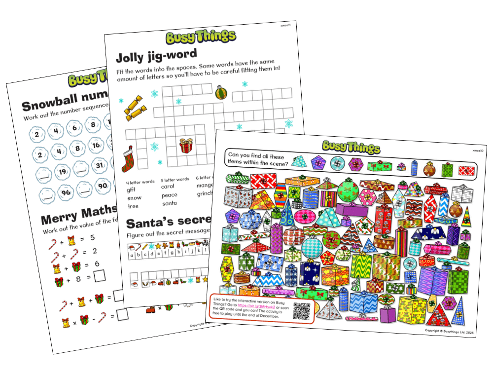 Christmas challenges for kids activity pages