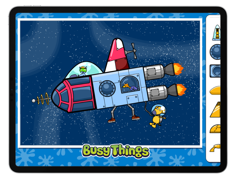 Children designing a spaceship with different parts and features in a space-themed activity