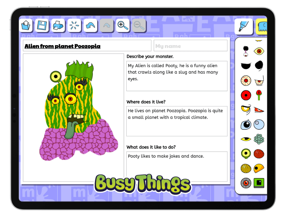 Children’s alien design activity showing a colourful monster with multiple eyes and description fields