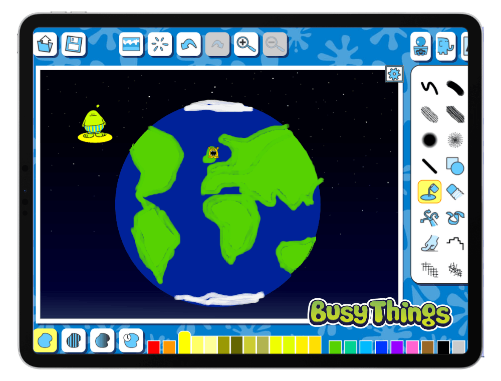 Digital painting of Earth created using drawing tools with blue oceans and green land