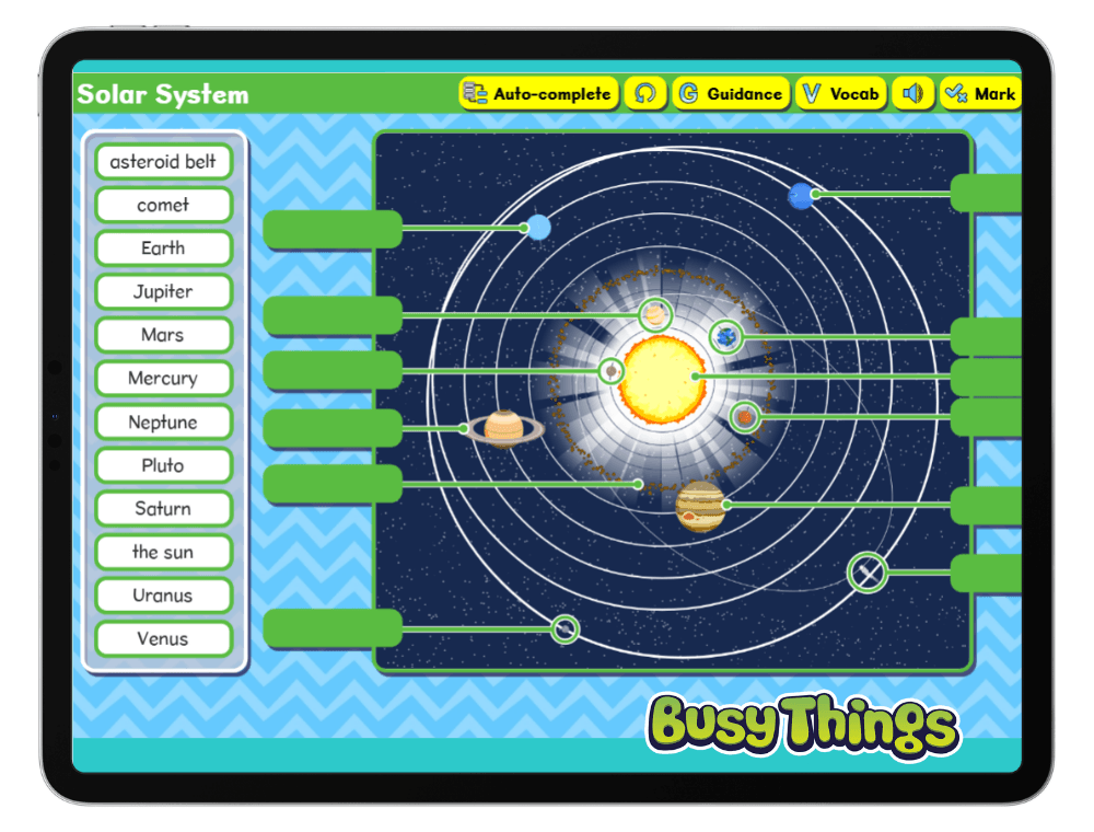 Interactive solar system labelling activity with planets and draggable name labels