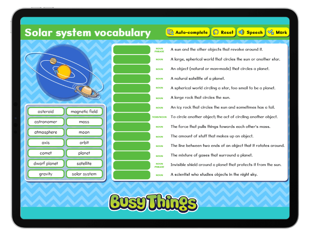 Solar system vocabulary activity matching space terms to their definitions