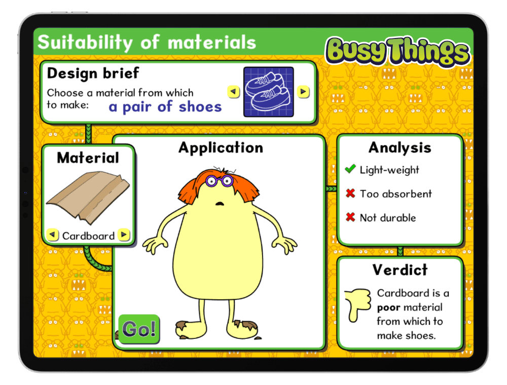Educational activity exploring suitability of materials with analysis of properties like durability and weight