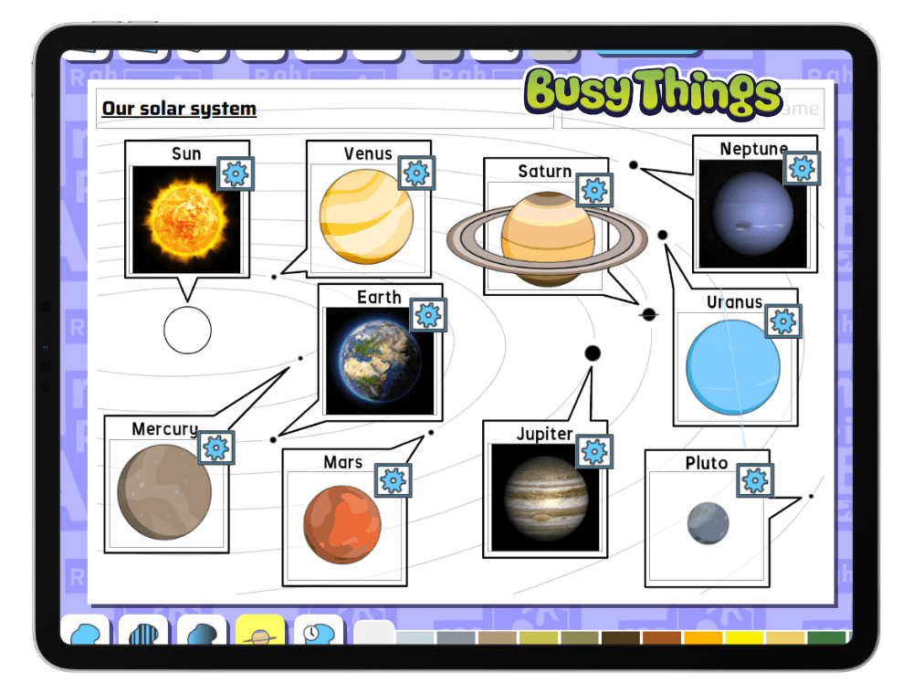 Illustrated solar system showing the sun and planets including Earth, Mars, Jupiter and Saturn with labels