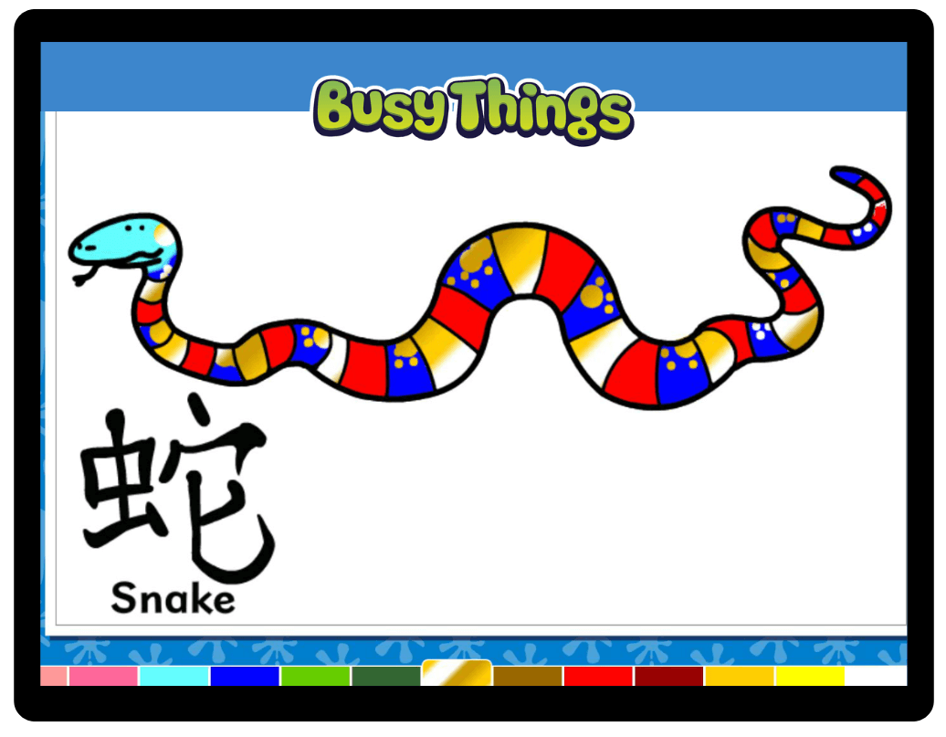 Chinese New Year Zodiac animal colouring activity for children from Busy Things screenshot on a tablet