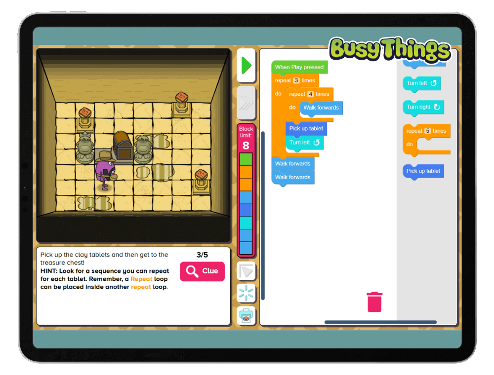 Busy Things coding activity where children practise giving instructions and following sequences
