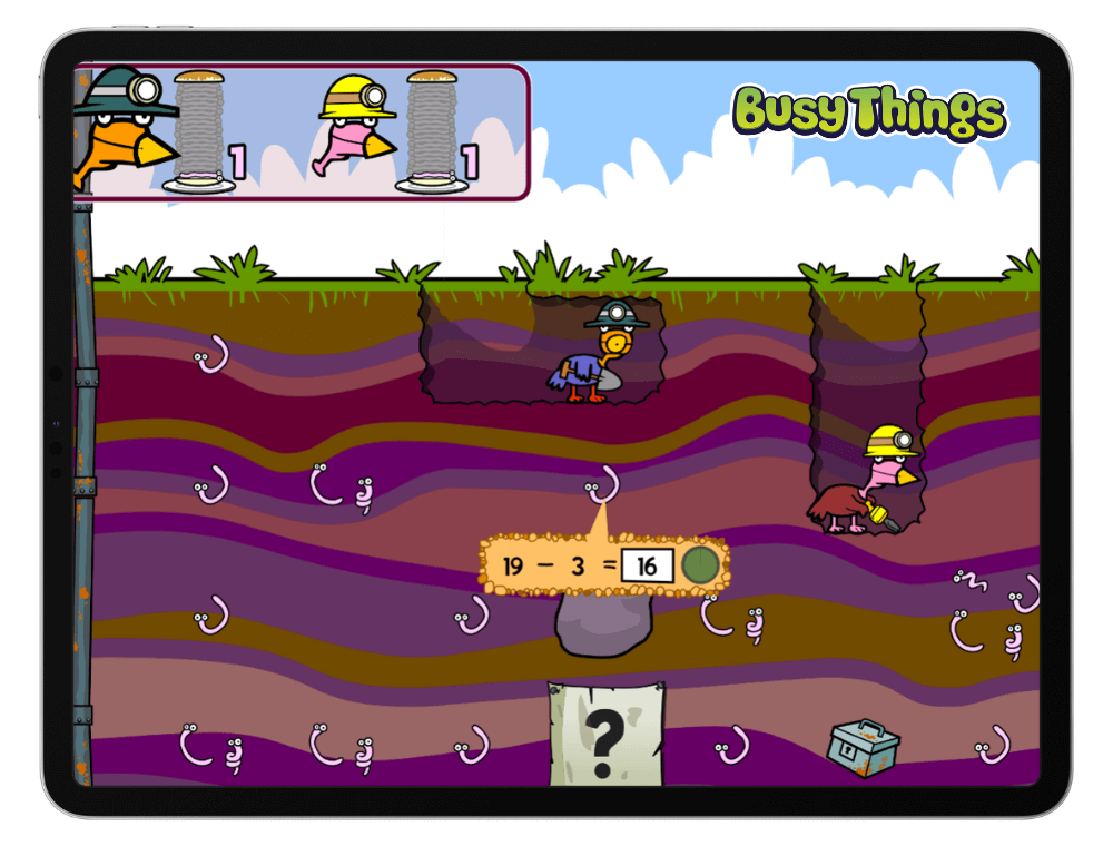 Busy Things Miner Birds multiplayer maths game for children to play side by side
