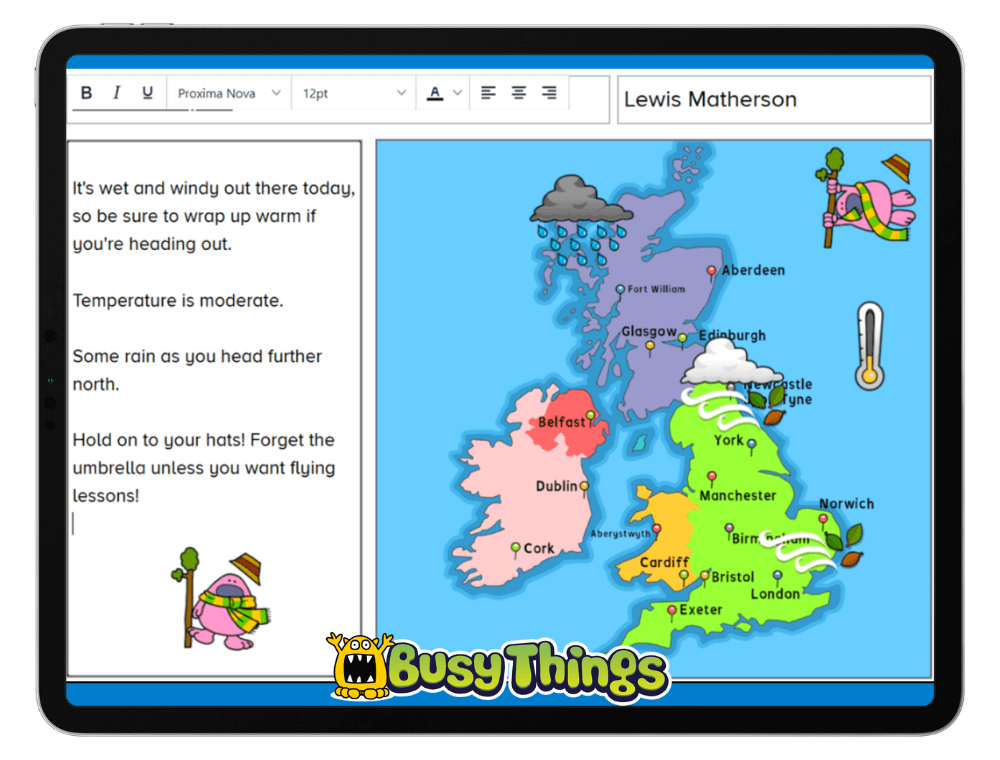 Busy Things Weather Report activity for children to create a weather forecast
