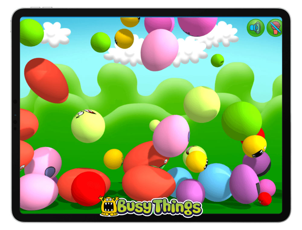 colourful bouncing balls on screen showing a fun chaotic activity to help children release energy and reset
