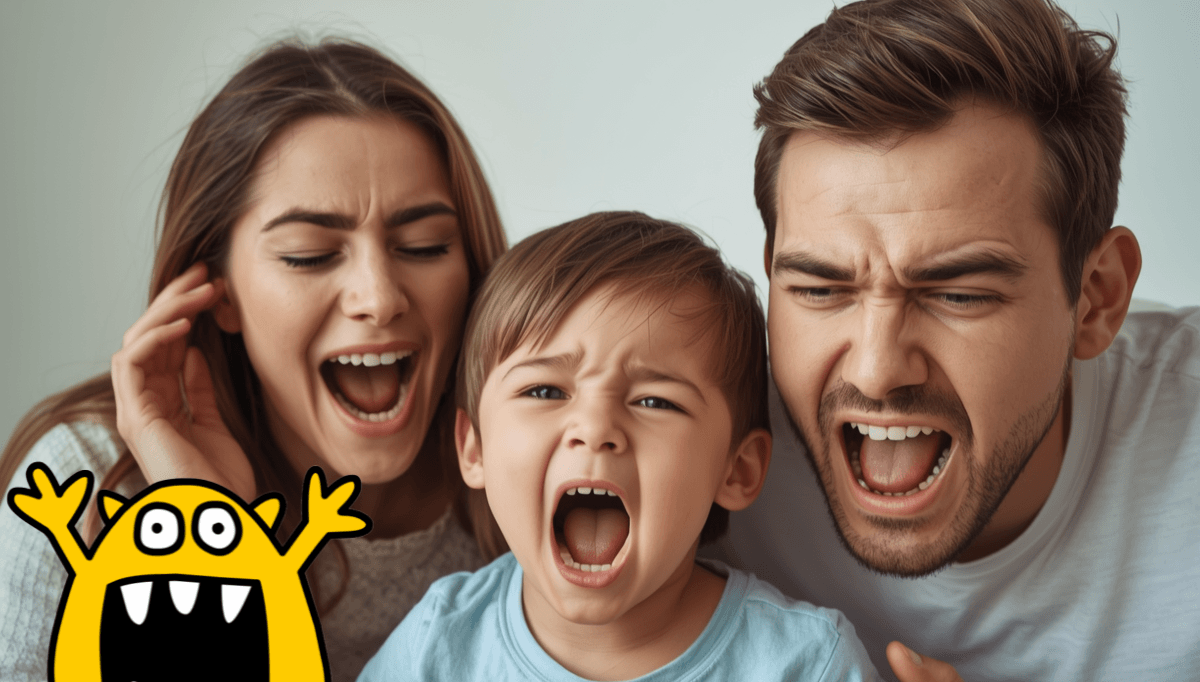 child and parents roaring loudly together as a playful way to release frustration and stress