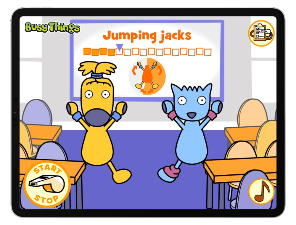 a fun workout game for children with animated characters doing jumping jacks to burn off energy