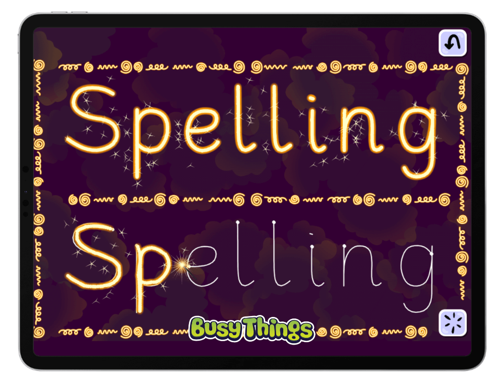 Word tracing game to practice spelling on Busy Things