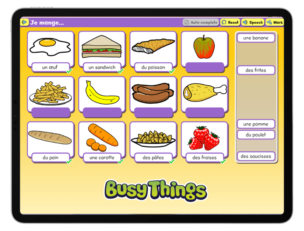 Busy Things fun language games for kids on a tablet