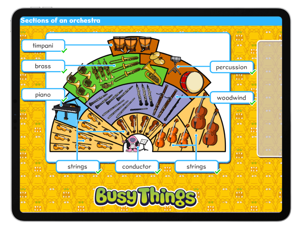 Sections of an orchestra interactive worksheet on Busy Things