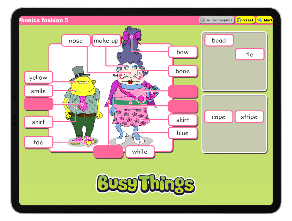 Busy Things fun fashion phonics game for kids on a tablet