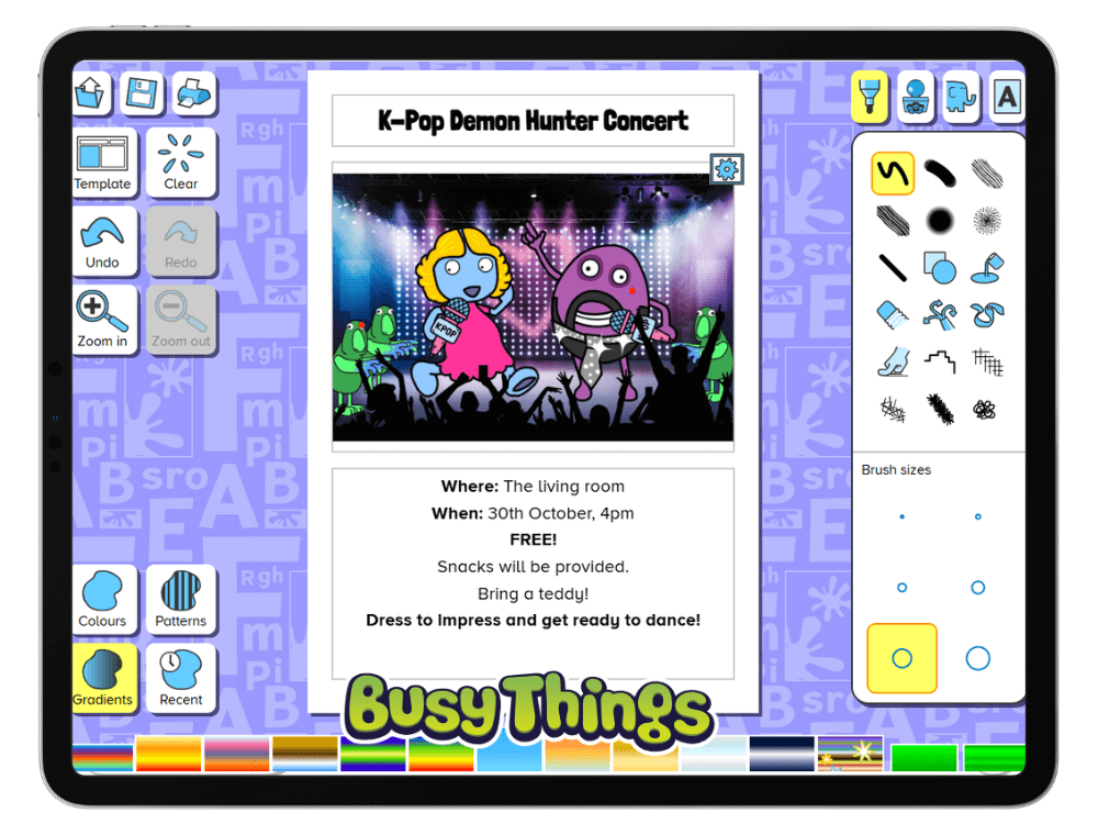 Busy Things templates to make k-pop demon hunter themed activities for kids on a tablet
