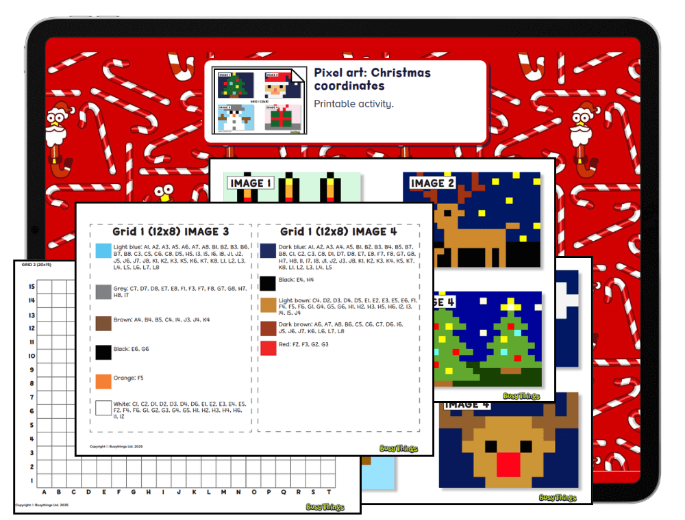 Busy Things pixel coordinates Christmas printable activity