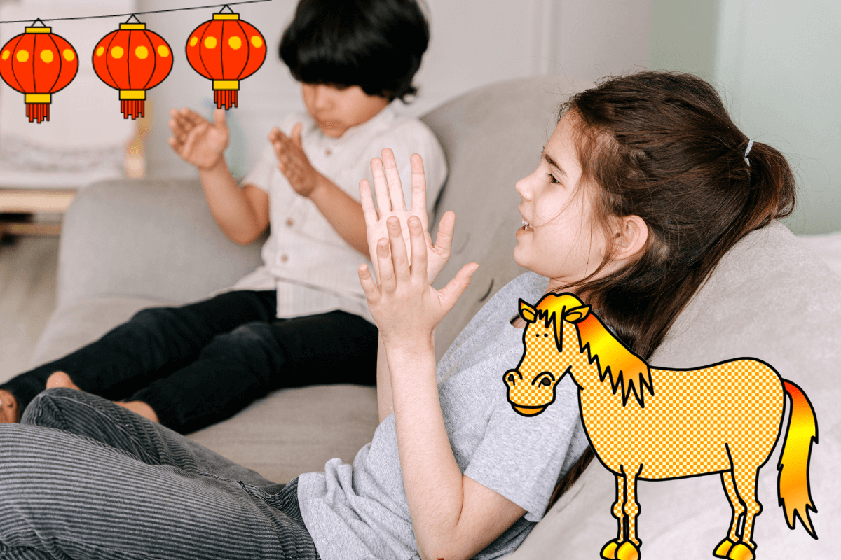 Children clapping rhythms inspired by horse movements during a Chinese New Year music activity