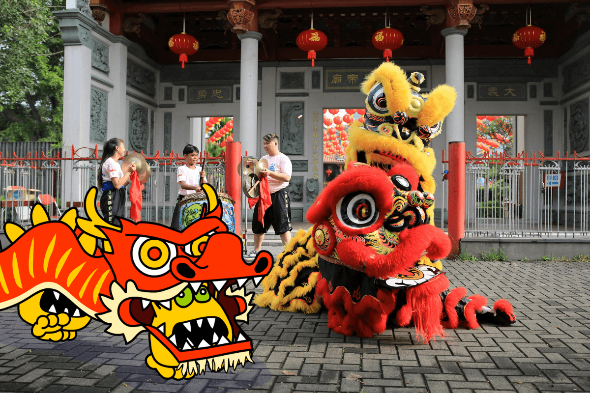 Chinese New Year lion dance performance with drums and lanterns during a street celebration