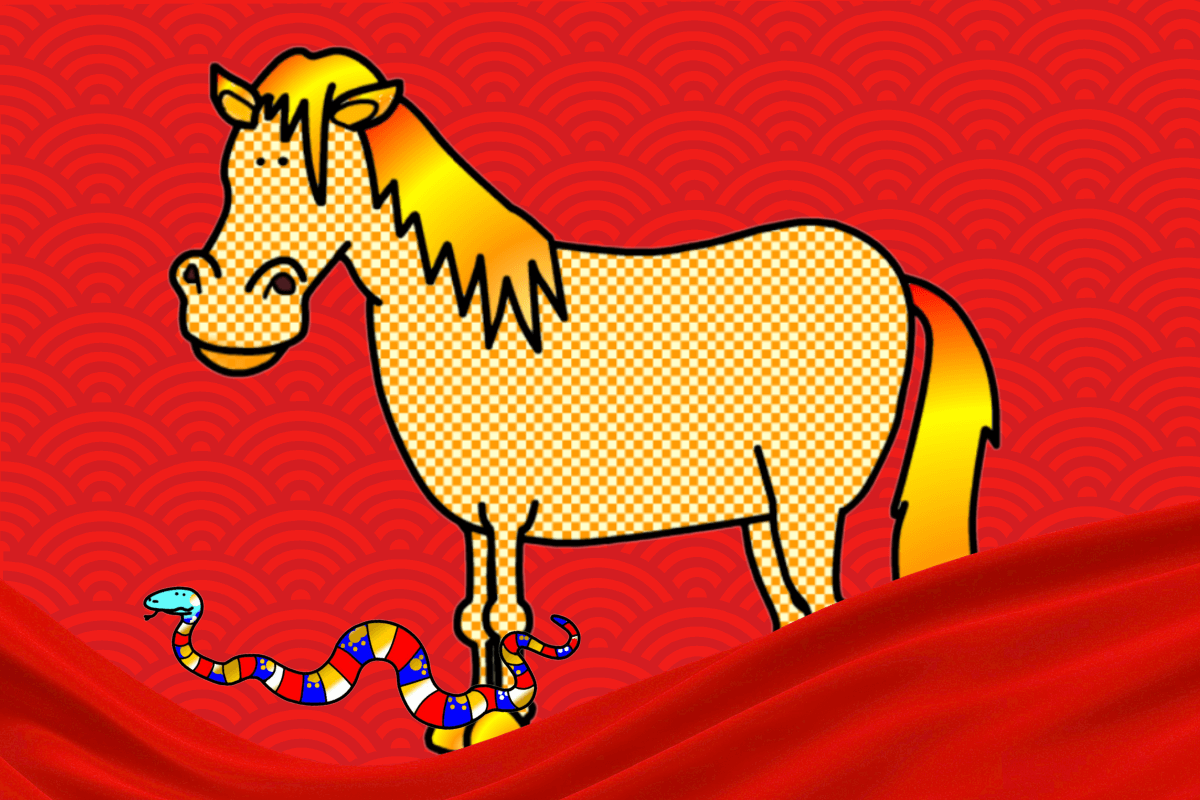 Illustration of the Horse and Snake from the Chinese zodiac story, showing the Great Zodiac River Race