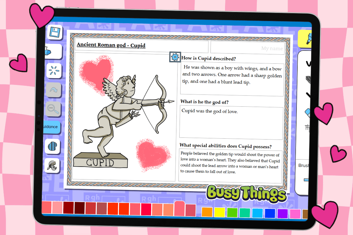 Cupid writing prompt on Busy Things, showing the Roman god of love with text explaining who Cupid was and what he represented.