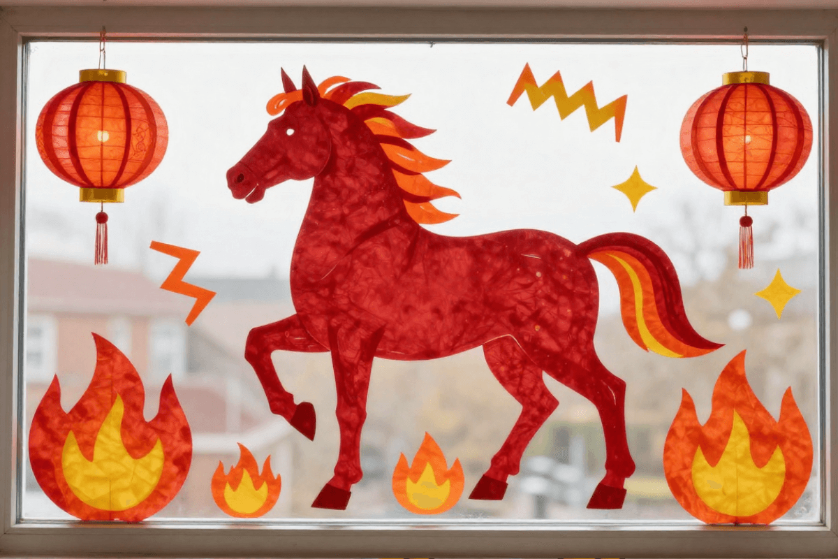 Fire Horse lantern window display made with red and orange paper for Chinese New Year