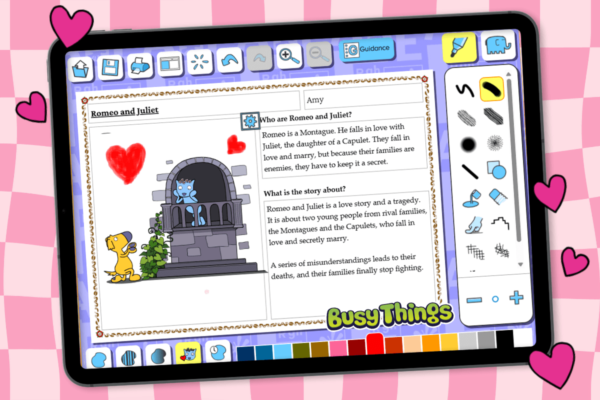 Romeo and Juliet writing template on Busy Things, showing a child’s response about the famous love story.