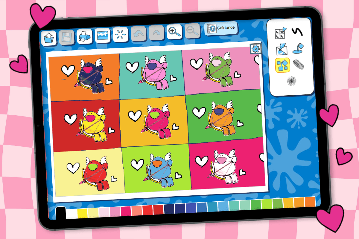 Valentine’s Pop Art grid inspired by Andy Warhol, created by a child using bright colours on Busy Things.