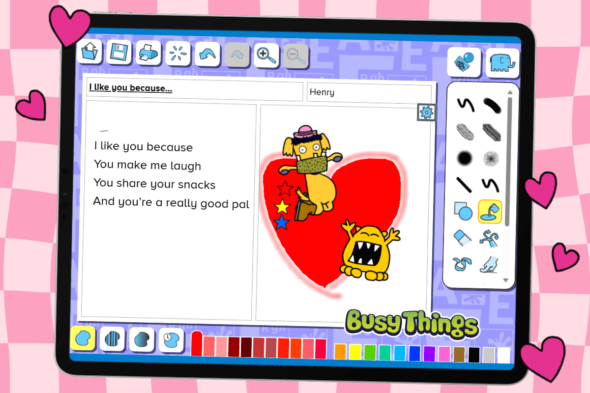 Child’s Valentine’s poem displayed on a tablet, showing a short poem about friendship and kindness written using Busy Things.