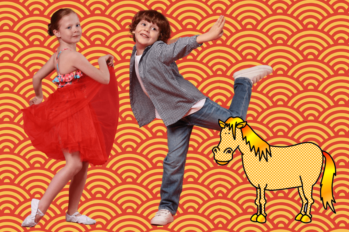 Children moving and dancing with a horse illustration during a Year of the Horse movement game for Chinese New Year