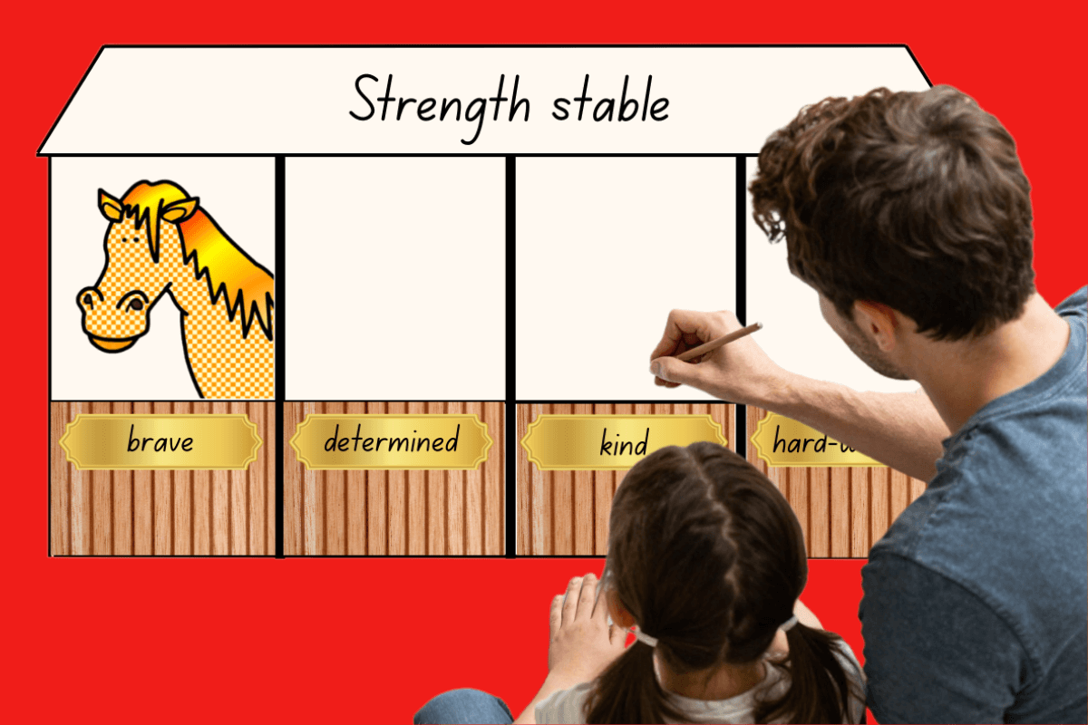 Year of the Horse strength stable activity showing labelled stalls for bravery, determination, kindness and hard work