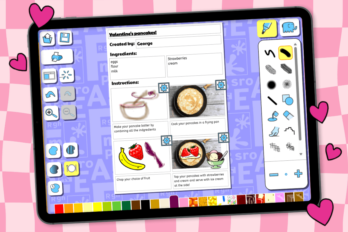 Child-created Valentine’s recipe displayed on a tablet, showing ingredients and illustrated steps made using Busy Things.