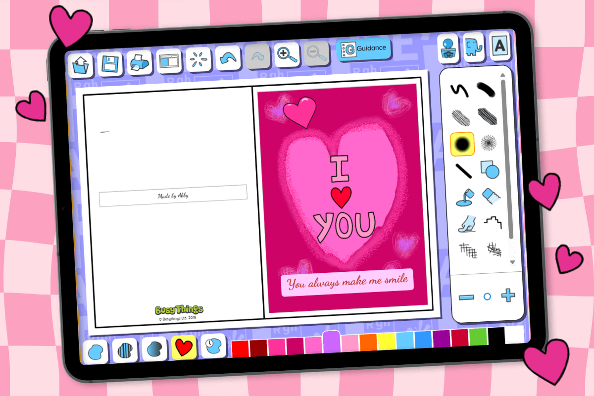 Valentine’s Day card created by a child using Busy Things, with a heart design and a personalised message.