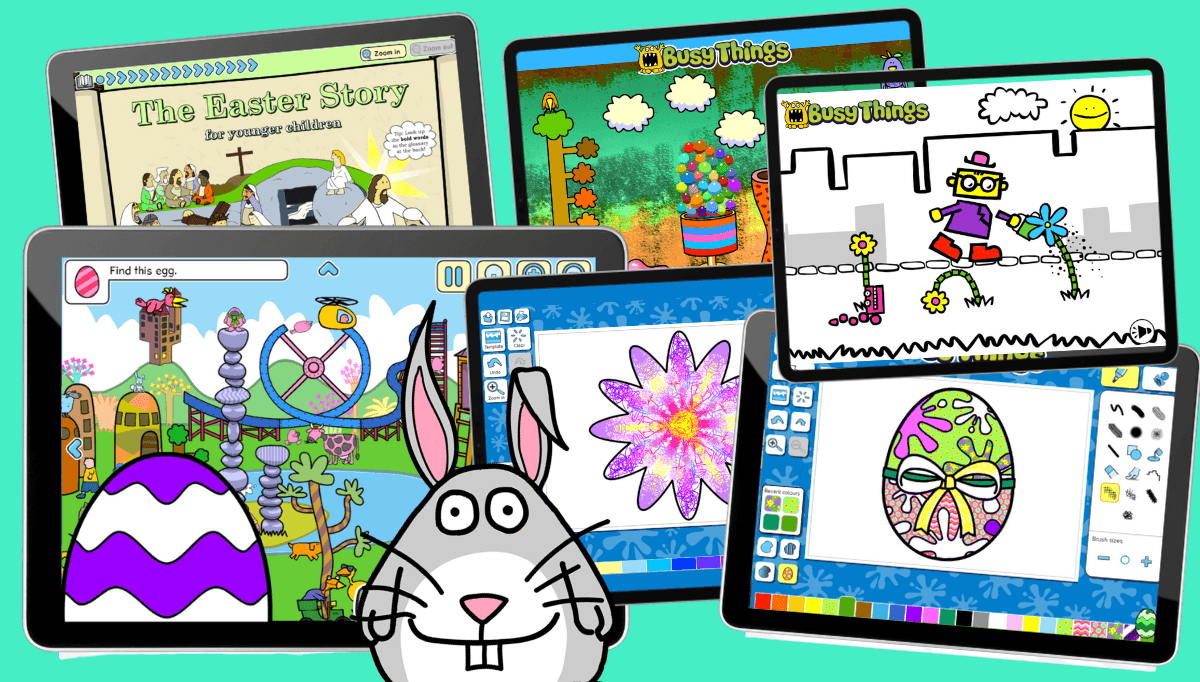 screenshots of Easter and spring themed games and activities on busy things 