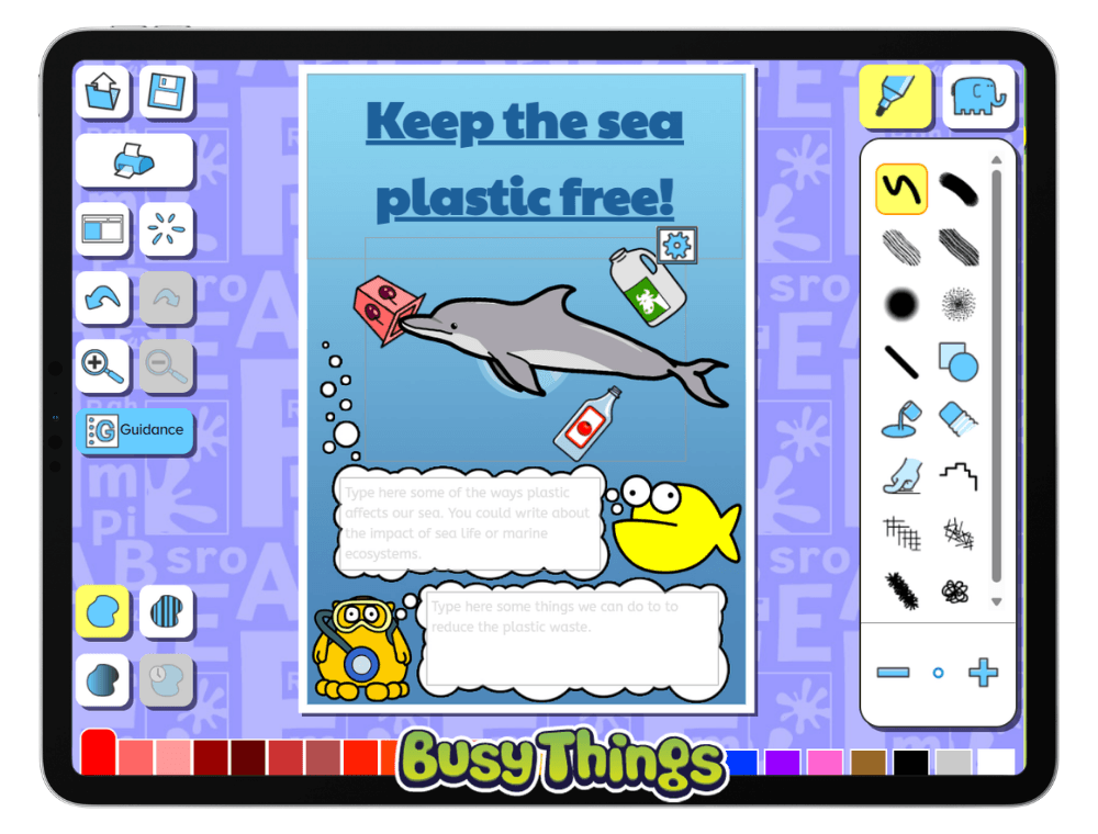 children creating a plastic pollution poster about keeping the sea plastic free using an educational drawing tool