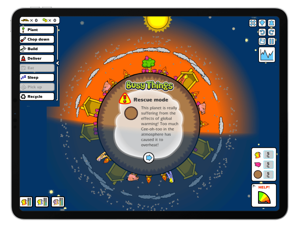children learning about climate change and environment through simulation game showing planet affected by global warming