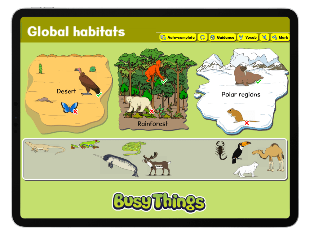 children learning about global habitats and the environment by sorting animals into desert, rainforest and polar regions