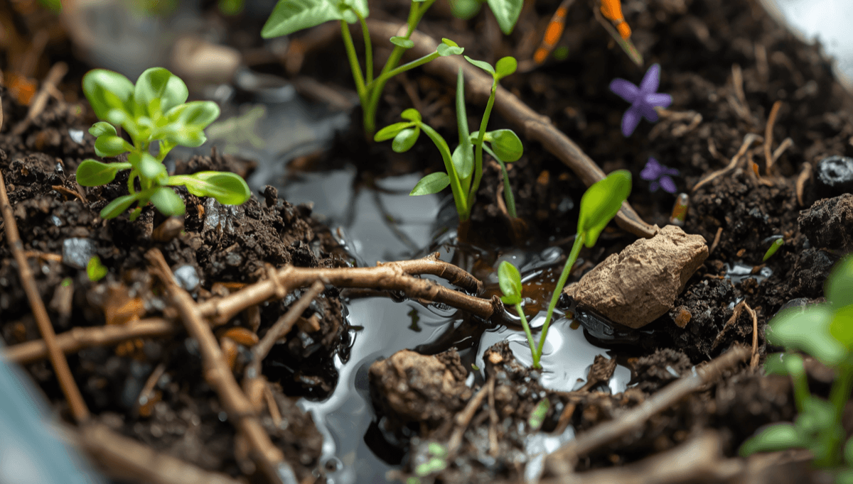 Small micro habitat with soil, water and plants showing how living things depend on their environment