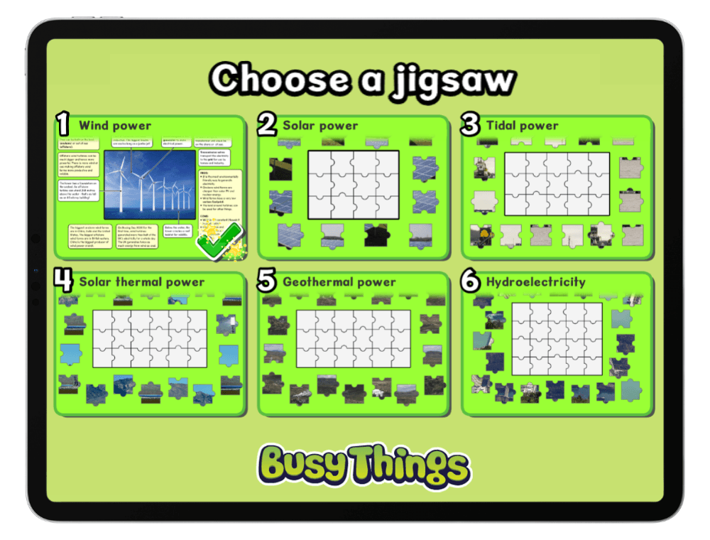 learning about renewable energy through jigsaw puzzles showing wind, solar and hydro power