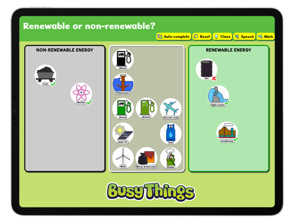 children sorting renewable and non-renewable energy sources including wind, solar, oil and coal