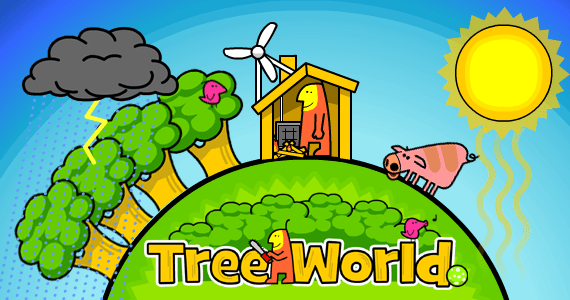 children learning about ecosystems and the environment with trees, animals and renewable energy in simulation game