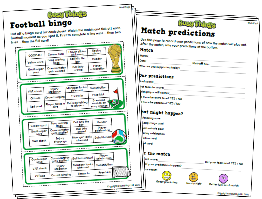 Printable Football World Cup activity pack featuring football bingo cards and football match prediction sheets for children.