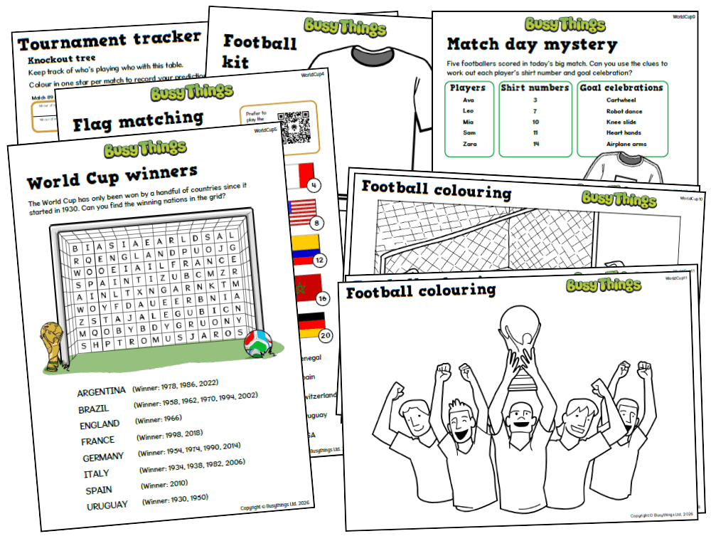Printable Football World Cup activity pack featuring tournament trackers, football kit design, flag matching, colouring pages, wordsearches and football puzzles.