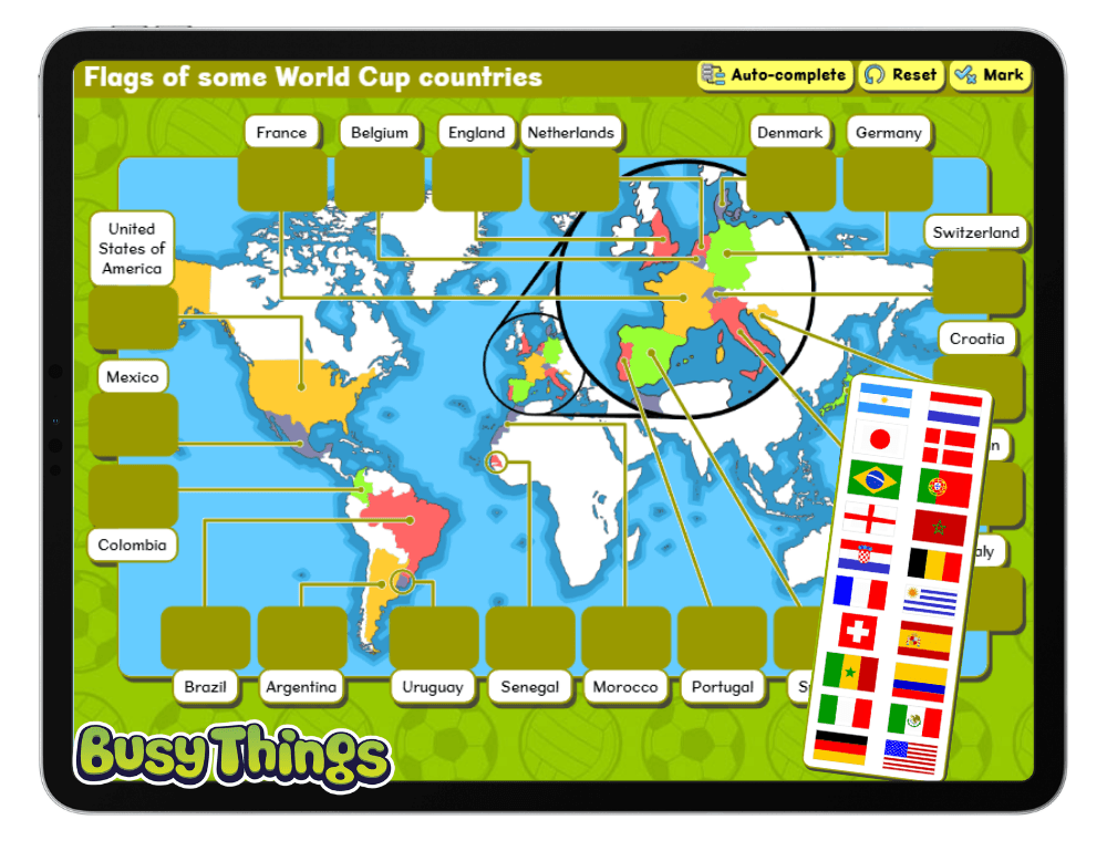Interactive world flags activity on Busy Things where children match Football World Cup countries to their locations on a world map.