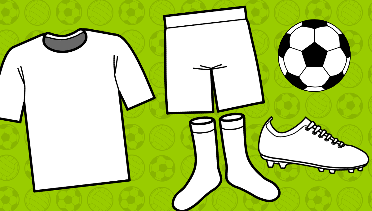Football kit design activity for children featuring blank football shirts, shorts, socks and boots to customise with team colours and patterns.