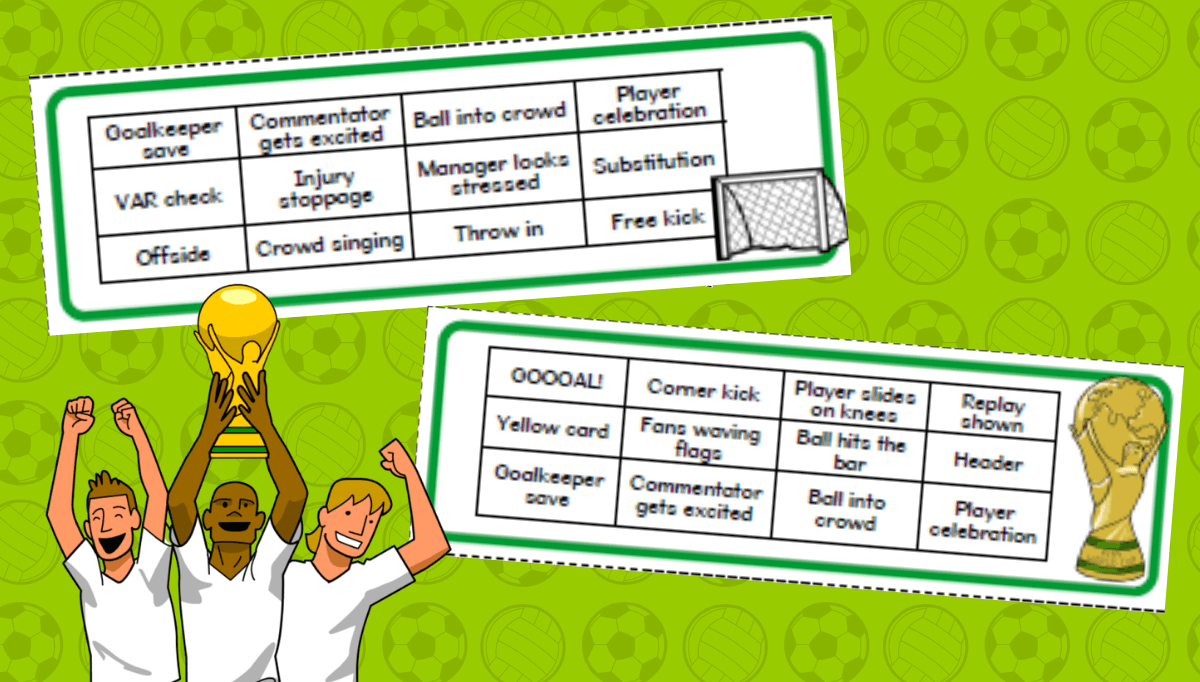 Printable Football World Cup bingo cards for children featuring football match moments including goalkeeper saves, VAR checks and player celebrations.
